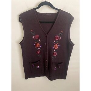 Vintage Plum Floral Embroidered Knit Sweater Vest Button Front Pockets